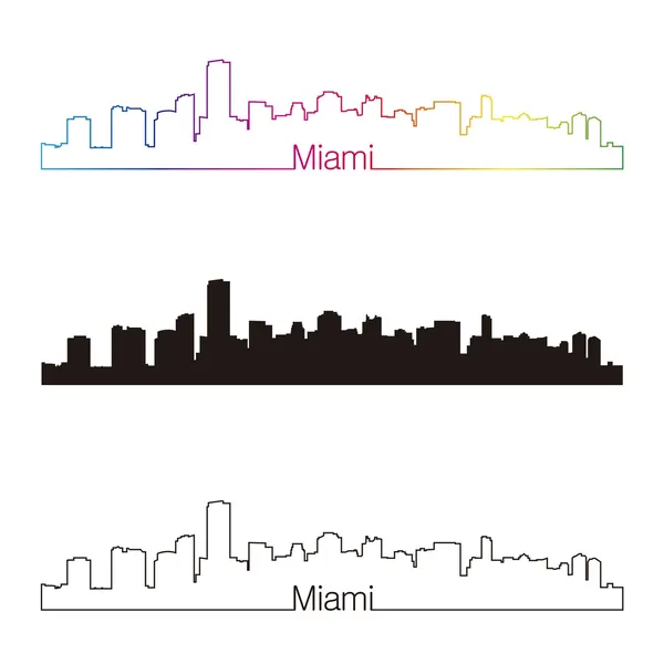 Miami skyline estilo lineal con arco iris — Vector de stock