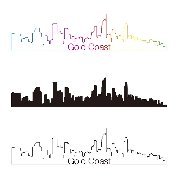 Gold Coast skyline in stile lineare con arcobaleno — Vettoriale Stock