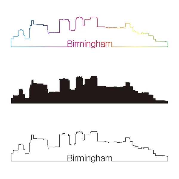 Birmingham skyline estilo linear com arco-íris —  Vetores de Stock