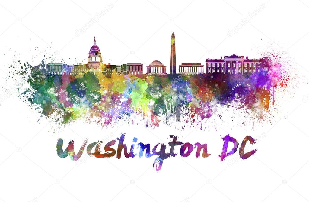Washington DC skyline in watercolor