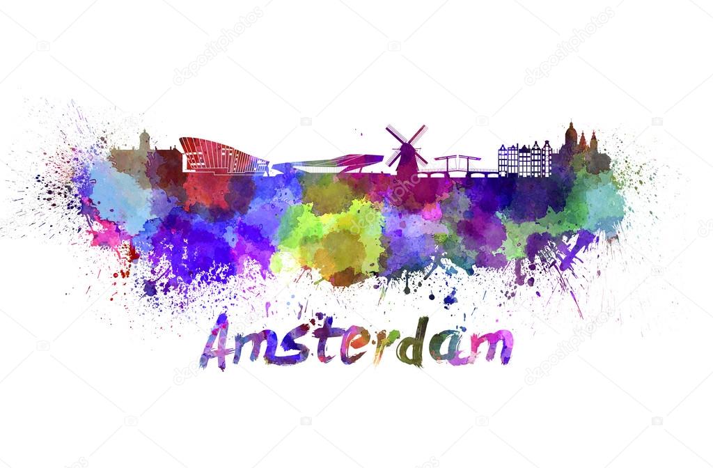 Amsterdam skyline in watercolor