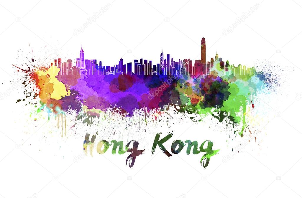Hong Kong skyline in watercolor
