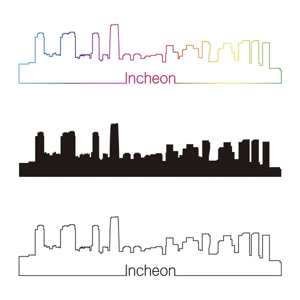 Incheon skyline estilo linear com arco-íris — Vetor de Stock