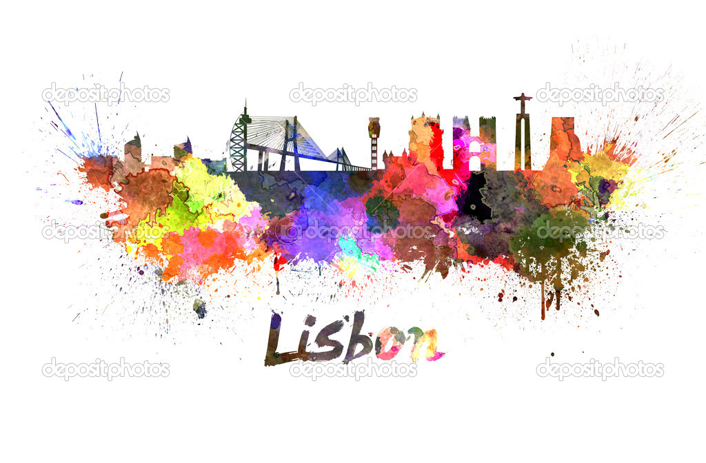 Lisbon skyline in watercolor