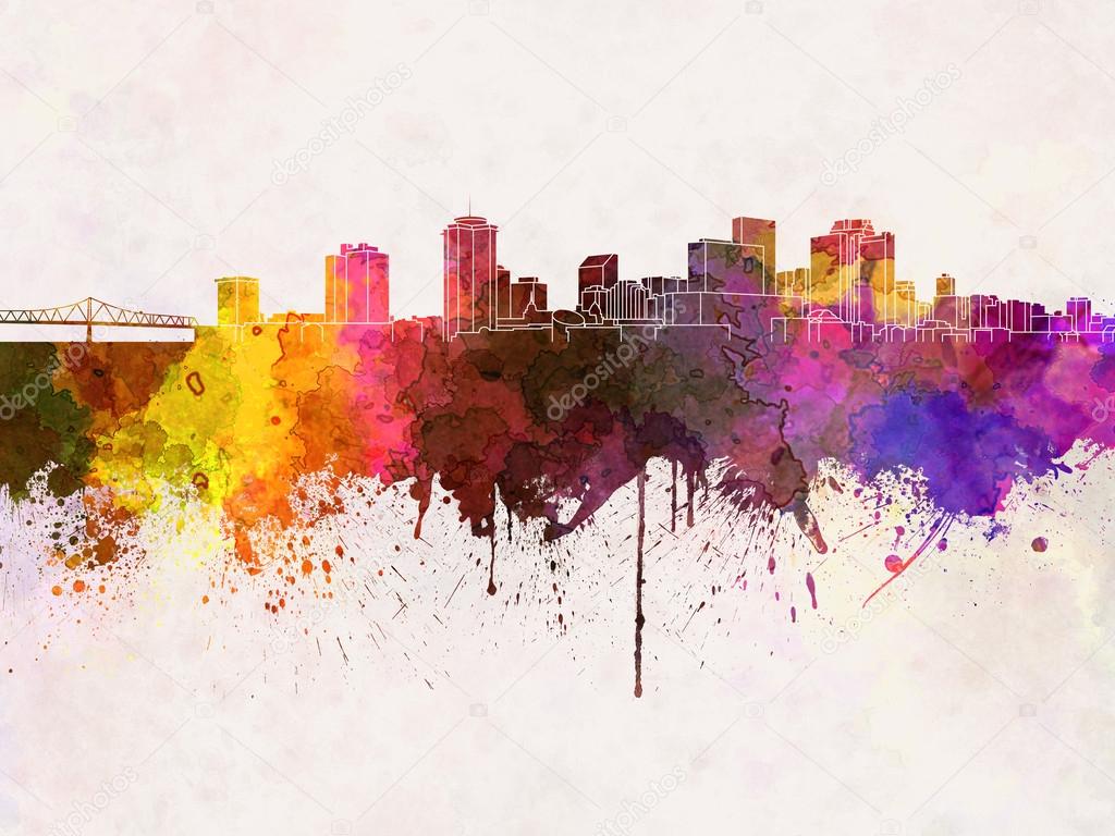 New Orleans skyline in watercolor background