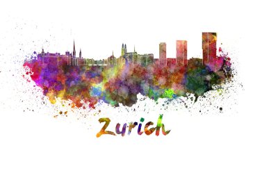 Zürih siluetinin suluboya içinde