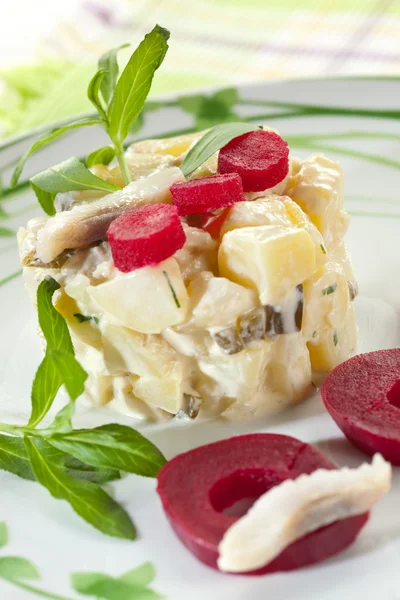 Salada de batata com arenque e beterraba — Fotografia de Stock