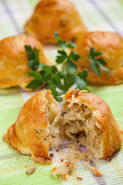 Pan al horno relleno de col y champiñones sobre un fondo verde — Foto de Stock