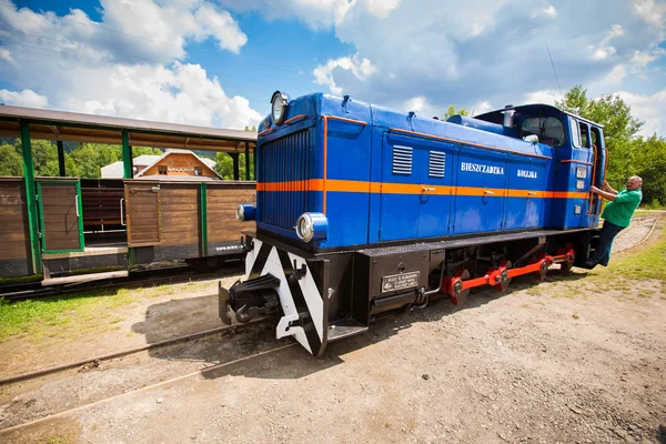 Przyslup, Polônia - 18 de julho de 2013: Ferrovia de bitola estreita azul, trem a vapor. Passeios de trem turístico no verão de Cisna para Przyslup em montanhas Bieszczady — Fotografia de Stock