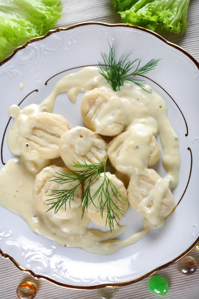 Gnocchi, noodle with dressing and dill, top view — Stock Photo, Image