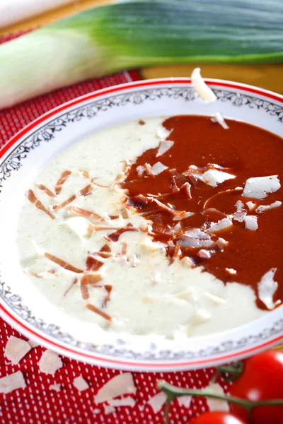 Witte en rode soep met tomaten en porie — Stockfoto