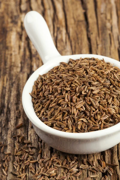 Spice cumin in a white ceramic bowl — Stock Photo, Image