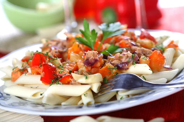 Macaroni met tonijn dressing, horizontale — Stockfoto