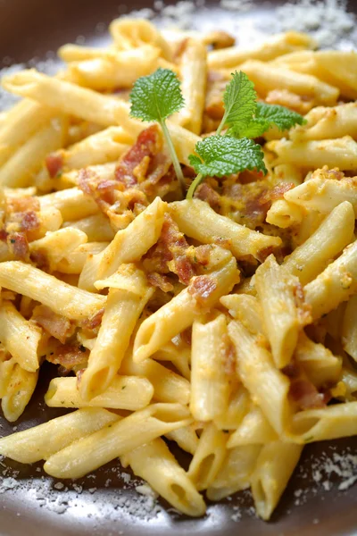 Macaroni met bittere dressing, carbonara saus — Stockfoto