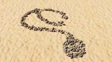 Sahildeki kavramsal taşlar el yapımı semboller, altın kumlu arka plan, steteskop işaretleri. Muayene, tedavi, ilaç, sağlık ve bakım için üç boyutlu bir illüstrasyon metaforu