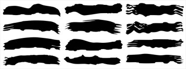 Sanatsal grungy siyah el koleksiyonu afiş arka planında izole edilmiş yaratıcı fırça darbesi setini oluşturdu. Tasarım eğitimi veya grafik sanat dekorasyonu için bir grup soyut grunge çizimi