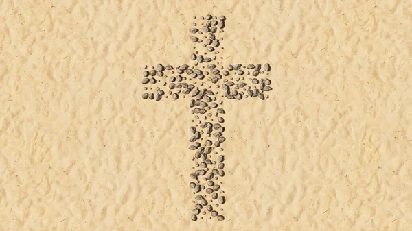 Kumsaldaki Kavramsal Taşlar Yapımı Semboller Altın Kumlu Arka Plan Hıristiyan — Stok fotoğraf