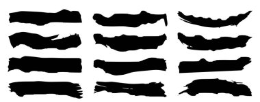 Sanatsal grungy siyah el koleksiyonu afiş arka planında izole edilmiş yaratıcı fırça darbesi setini oluşturdu. Tasarım eğitimi veya grafik sanat dekorasyonu için bir grup soyut grunge çizimi