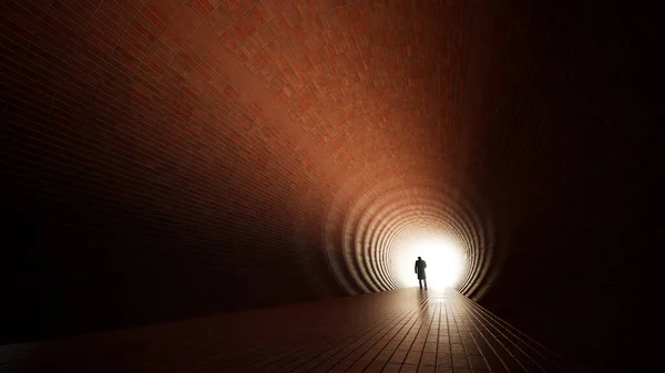 Concept Conceptuele Donkere Tunnel Met Een Helder Licht Aan Het — Stockfoto