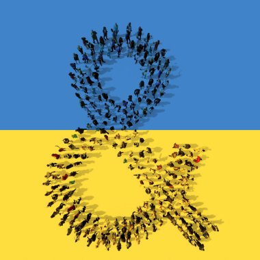 Ukrayna bayrağında ampersand işareti oluşturan insanların kavramsal ya da kavramsal topluluğu. 3D eğitim, okul, umut, barış, özgürlük, yardım ve savaş karşısındaki tutum metaforu