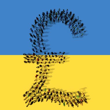 Ukrayna bayrağında İngiliz Pound tabelasını oluşturan kavramsal ya da kavramsal topluluk. 3D eğitim, okul, umut, barış, özgürlük, yardım ve savaş karşısındaki tutum metaforu