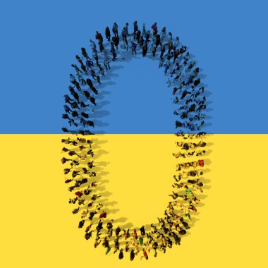 Ukrayna bayrağında 0 sayısını oluşturan insanların kavramsal ya da kavramsal topluluğu. 3 boyutlu eğitim, okul, umut, barış, özgürlük, yardım, bakım ve destek metaforu