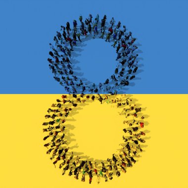 Ukrayna bayrağında 8 sayısını oluşturan insanların kavramsal ya da kavramsal topluluğu. 3D eğitim, okul, umut, barış, özgürlük, yardım, bakım ve savaş karşısındaki tutum metaforu