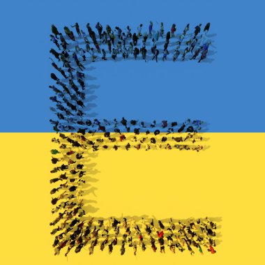 Ukrayna bayrağında E sembolünü oluşturan insanların kavramsal veya kavramsal topluluğu. 3D eğitim, okul, umut, barış, özgürlük, yardım, bakım ve savaş karşısındaki tutum metaforu