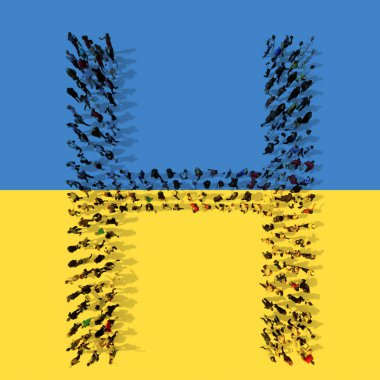 Ukrayna bayrağında H sembolünü oluşturan insanların kavramsal ya da kavramsal topluluğu. 3D eğitim, okul, umut, barış, özgürlük, yardım, bakım ve savaş karşısındaki tutum metaforu