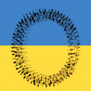 Ukrayna bayrağında O sembolünü oluşturan insanların kavramsal ya da kavramsal topluluğu. 3D eğitim, okul, umut, barış, özgürlük, yardım, bakım ve savaş karşısındaki tutum metaforu