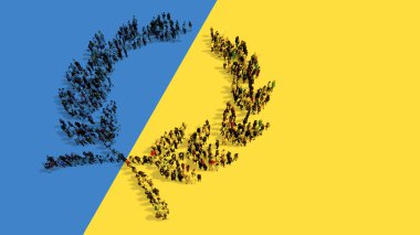 Ukrayna bayrağında defne çelengi imajı oluşturan insanların kavramsal veya kavramsal topluluğu. Galibiyet, galibiyet, başarı, zafer, kutlama, özgürlük ve barış için 3D metaforu