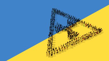 Ukrayna bayrağında nükleer tehlike ikonunu oluşturan insanların kavramsal veya kavramsal topluluğu. Uyarı, uyarı, atomik güç, radyoaktivite, radyasyon ve yıkım için 3D resim metaforu