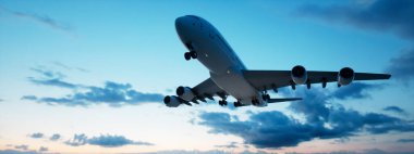 Kavramsal uçan beyaz yolcu uçağı ya da güzel bir gökyüzü arka planından havalandıktan sonra ticari uçak. Jet taşımacılığı, seyahat endüstrisi veya modern özgürlük kavramı için 3D illüstrasyon