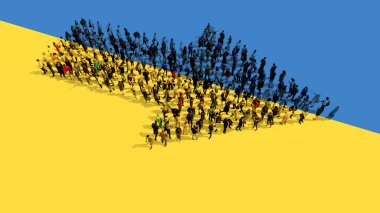Ukrayna bayrağında yol işareti oluşturan insanların kavramsal ya da kavramsal topluluğu. Karar, strateji, liderlik, siyaset, uluslararası destek ve yön için 3d illüstrasyon metaforu