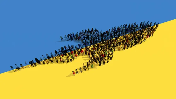 Concept Conceptual Large Community People Forming Sign Rocket Ukrainian Flag — стоковое фото