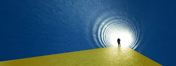 Stock image Concept or conceptual blue and yellow tunnel, the Ukrainian flag colors, with a bright light at the end as metaphor to hope and faith. A 3d illustration of a black silhouette of walking man to freedom 