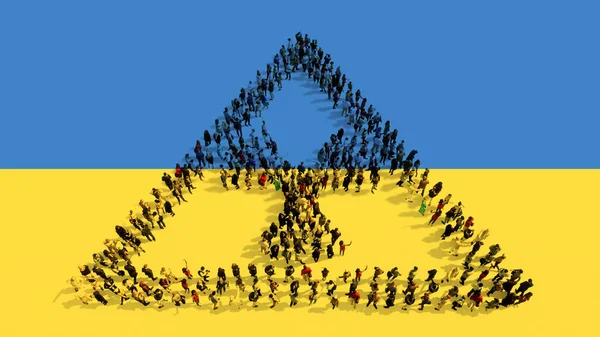 Concept Conceptual Community People Forming Nuclear Danger Icon Ukrainian Flag — Stock Photo, Image