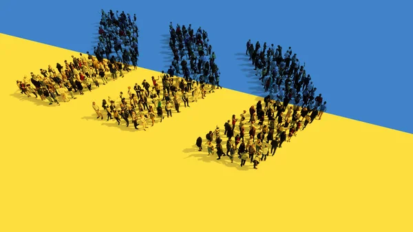 Концепция Концептуальное Сообщество Людей Формирующих Опасный Поворотный Знак Украинском Флаге — стоковое фото