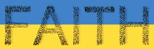 Concept Conceptual Large Community People Forming Faith Word Ukrainian Flag — Fotografia de Stock