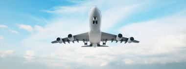 Kavramsal uçan beyaz yolcu uçağı ya da güzel bir gökyüzü arka planından havalandıktan sonra ticari uçak. Jet taşımacılığı, seyahat endüstrisi veya modern özgürlük kavramı için 3D illüstrasyon