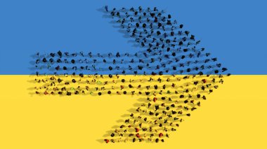 Ukrayna bayrağında yol işareti oluşturan insanların kavramsal ya da kavramsal topluluğu. Karar, strateji, liderlik, siyaset, uluslararası destek ve yön için 3d illüstrasyon metaforu