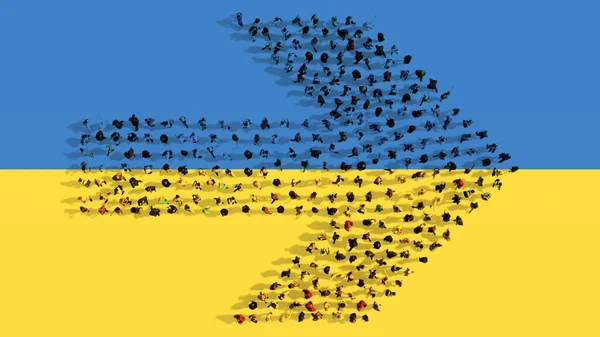 Концепція Або Концептуальне Співтовариство Людей Формують Дорожній Знак Українському Прапорі — стокове фото