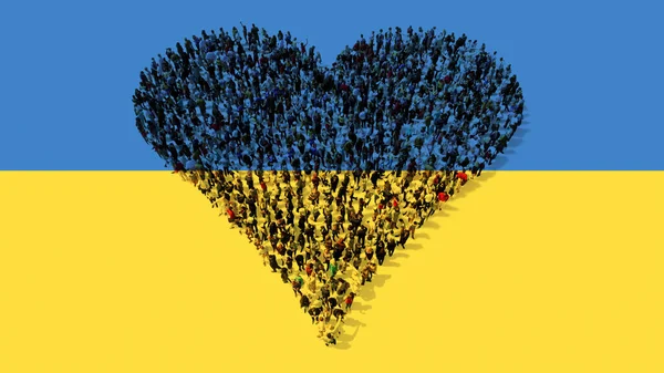 Concept Conceptual Community People Forming Image Heart Ukrainian Flag Illustration — Stock Photo, Image