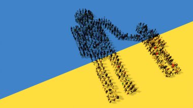 Concept or conceptual large community of people forming the adult and child holding hands sign on Ukrainian flag. 3d illustration metaphor for family, warning, risk, help, protection and security