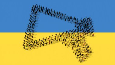 Ukrayna bayrağında megafon simgesi oluşturan insanların kavramsal veya kavramsal topluluğu. Uyarı, uyarı, yardım, destek, destek, asssitance ve uluslararası işbirliği için 3d resim metaforu
