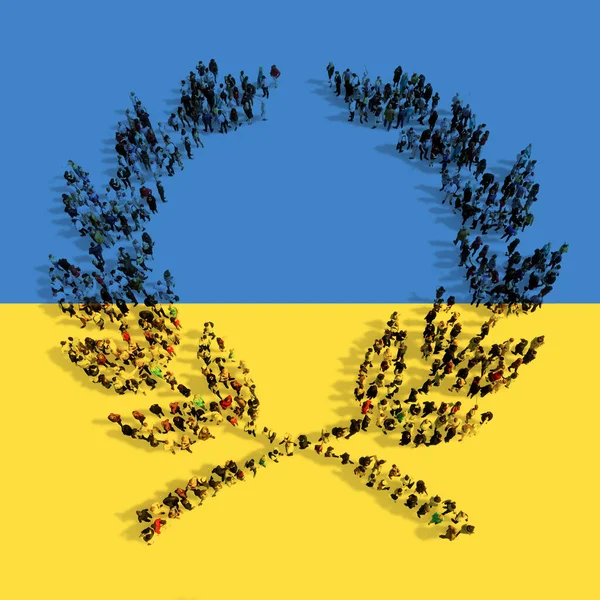 在乌克兰国旗上形成月桂花圈形象的人的概念或概念群体 自由与和平的隐喻 — 图库照片