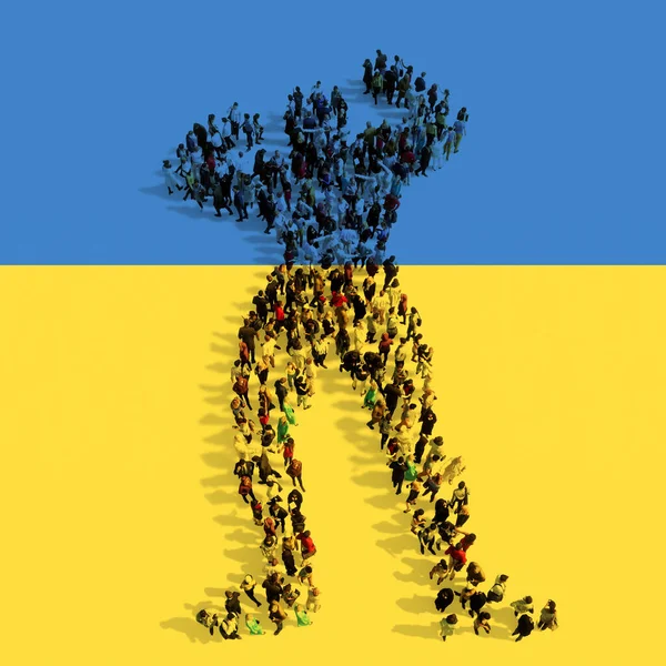Concept Conceptual Large Community People Forming Image Warrior Ukrainian Flag — Stock Photo, Image