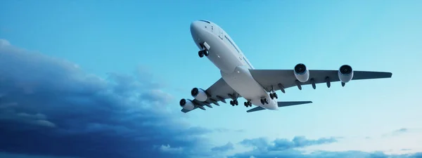 Fogalmi Repülő Fehér Utas Jetliner Vagy Kereskedelmi Repülőgép Felszállás Után — Stock Fotó