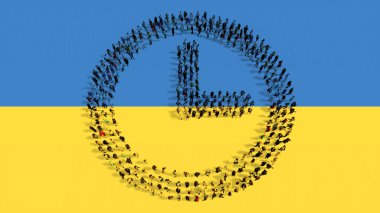 Ukrayna bayrağında saat simgesini oluşturan insanların kavramsal veya kavramsal topluluğu. Zaman, geri sayım, risk, tehlike, aciliyet, yardım, ihtiyaç ve kronometre metaforu