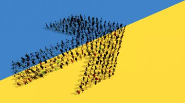 Ukrayna bayrağında yol işareti oluşturan insanların kavramsal ya da kavramsal topluluğu. Karar, strateji, liderlik, siyaset, uluslararası destek ve yön için 3d illüstrasyon metaforu